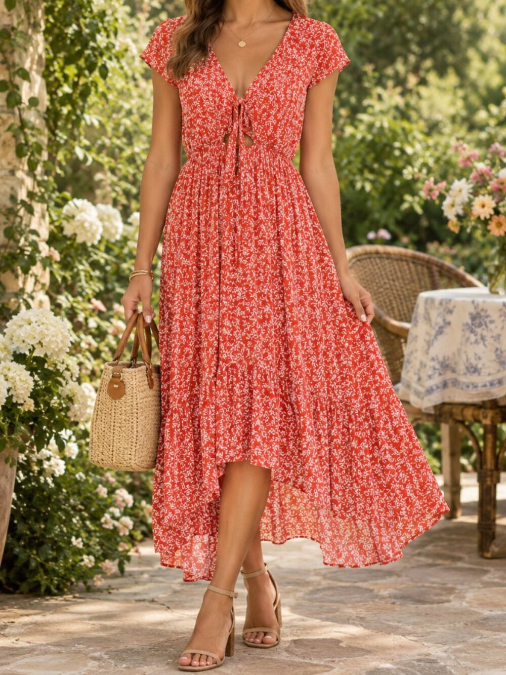 Vici Maxi Coral Orange Floral Leaf Dress S Asymmetrical Feminine Garden Party
